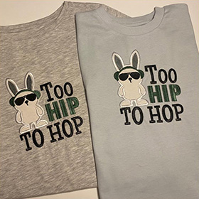 Embroidered T-shirts with 'too hip to hop' bunny logo