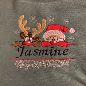 Embroidered T-shirt for Jasmine with Santa Claus and Rudolf on the front
